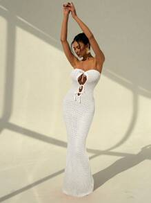 Aloruh 女士度假性感露肩镂空系带腰部修身露背美人鱼连衣裙 - 白色 - 查看 4