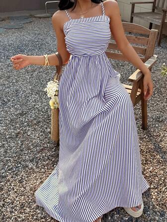 Sunnyshic 女士条纹吊带长款休闲连衣裙，假日风格