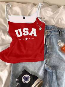 Attitoon Plus Size Women's 4th Of July Short Letter Print Red Tight Fitness Cami Top Suitable For Summer, Back To School - White - View 1