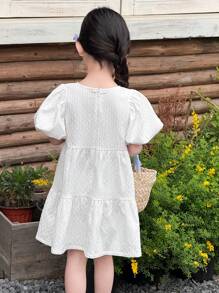 SHEIN Young Girls Apricot Puff Sleeve Round Neck Dress - White - View 5