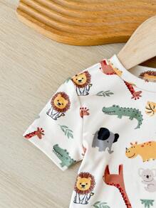 SHEIN Conjunto de 2 piezas de pelele cómodo y casual para bebé niño con estampado de animal de dibujos animados, cuello redondo y manga corta - Amarillo - Ver 7