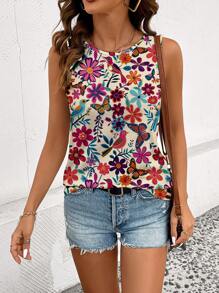 SHEIN LUNE Women's Casual Butterfly & Pattern Round Neck Top, Suitable For Spring & Summer Suitable For Going Out - Multicolor - View 6