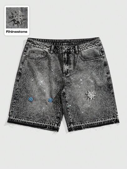 Street Life Men's Shiny Diamond Embellished Denim Shorts Jorts, Fashionable For Summer