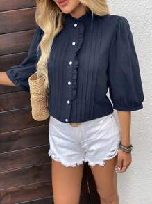 EMERY ROSE Women's Simple Solid Color Button Collar Ruffle Button Up Blouse