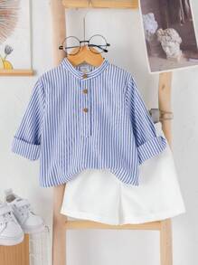 SHEIN 2pcs/Set Baby Boy Casual Striped Long Sleeve Shirt And Shorts Set, Suitable For Spring And Summer, Fit For Birthday Party, Evening Party, Wedding, Baby Shower, 1st Birthday Party - Multicolor - View 3