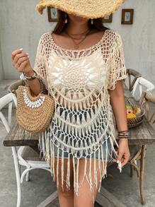 SHEIN VCAY 大码女式纯色镂空短袖宽松流苏下摆针织上衣 - 杏色 - 查看 5