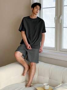 DAZY Summer T-Shirt And Striped Shorts Men Pajama Set - Black - View 5