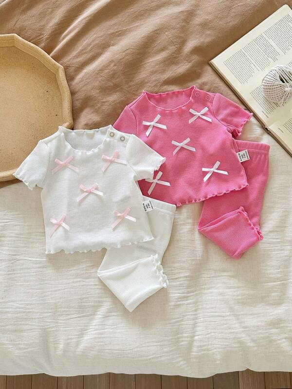 SHEIN LMoss Kids Ensemble pyjama décontracté 4 pièces pour nouveau-né fille : débardeur col rond à manches courtes avec ourlet à vague et nœud ruban, pantalon long en tricot confortable