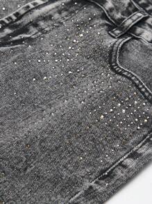 Chillumni Men's Rhinestoned Pocket Casual Versatile Denim Shorts Rhinestone Jeans - Dark Grey - View 8