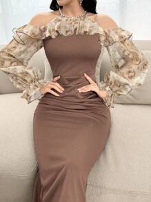 Modelyn Floral Print Ruffle Trim Flounce Sleeve Cold Shoulder Dress Long Evening Dresses - Khaki - View 4