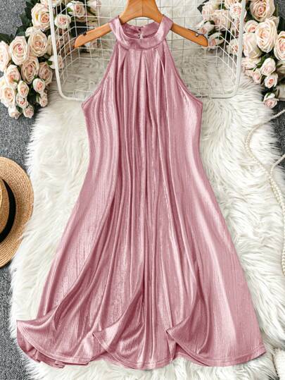 SHEIN Clasi Robe femme évasée sans manches dorée, élégante , convenant pour les déplacements quotidiens et les fêtes