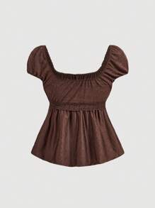 SHEIN MOD Gathered Sleeve Brown Textured Ruched Bust Waist T-Shirt - Brown - View 2