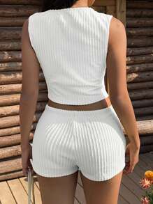 SHEIN EZwear 2件套女士时尚黄色针织套装，适合夏季 - 白色 - 查看 2