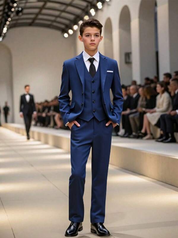 Set de 4 piese: sacou casual bleumarin, vestă, cămașă și pantaloni pentru adolescenți și tineri, ținută formală pentru evenimente și ocazii speciale