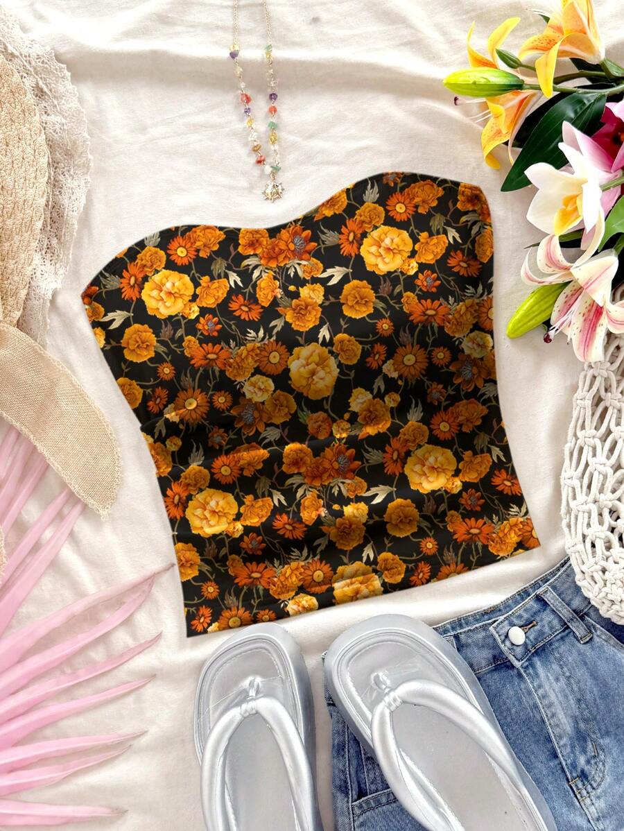 Soleia Women Ditsy Floral Casual Bandeau Top, Versatile For Vacation, Daily Wear, Date, Afternoon Tea, Beach, Cruise, Road Trip, All Seasons, Spring/Summer, Cruise, Island Getaway, Music Festival, Boho Vacation