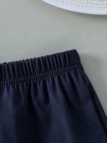 SHEIN 2 件套男婴优雅简约立领短袖 T 恤和撞色裤子套装，适合夏季 - 彩色 - 查看 5