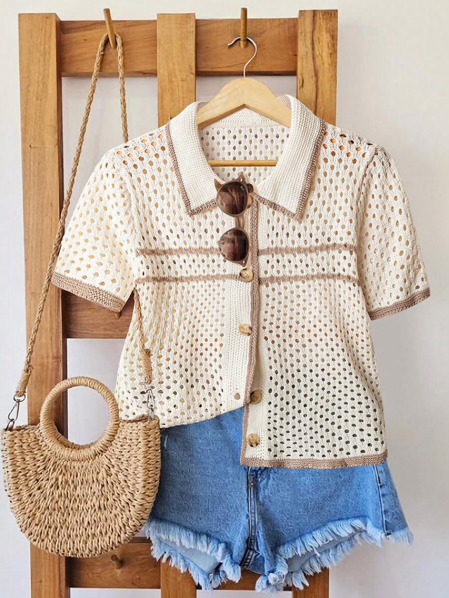 GlowEve Women's Colorblock Hollow Button Lapel Cardigan, Suitable For Summer - Apricot - View 1