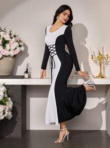 Modelyn Women's Elegant Contrast Color Criss-Cross Long Sleeve Midi Dress - Black and White - View 6