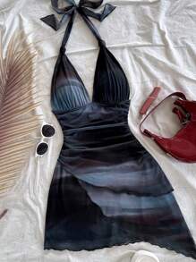 SHEIN Tall CURVE Sexy, vintage Farbverlauf-Halfter-V-Ausschnitt-Schnürkleid mit Mesh-Raffung und asymmetrischem Saum, romantisches Urlaubskleid für Damen im Sommer