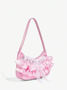 SHEIN ICON 女士单肩包，流浪包，多层蕾丝，粉色，蕾丝蝴蝶结，时尚，个性，简约，百搭，街头风，甜美酷炫女孩，辣妹，千禧一代，复古，铆钉，复古，青少年，芭蕾风格