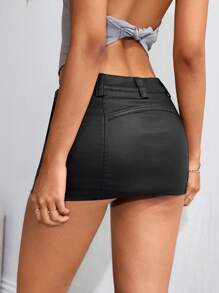 SHEIN EZwear Women's Solid Color Zipper Mini Skirt, Fashionable For Summer - Black - View 2