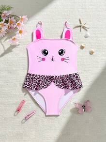 1pc Young Girls Cartoon Kitty Pattern Swimsuit, Suitable For Summer Beach - Multicolor - View 1