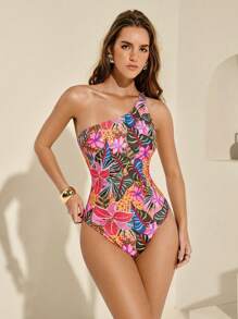 Swim Oasis Abito estivo estivo da donna stretto monospalla, sexy, casual, da spiaggia, con stampa casuale, elegante, costume da bagno intero o a due pezzi