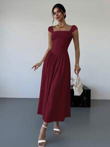 Firerie Valentine's Day New Square Collar Cap Sleeve Waist Ruched Bowknot Long Dress, Elegant Daily Casual Dress, Apricot Color A-Line Summer Spring Outfits Festival Outfits Elegant Business Casual Vacation - Burgundy - View 6