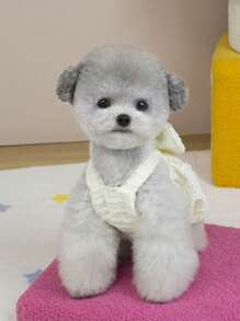 PETSIN 白色可爱蝴蝶结3D设计狗狗连衣裙，轻盈透气网眼牵引胸背带，时尚欧美热销宠物连衣裙，春夏款 - 米色 - 查看 3