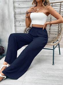 SHEIN Unity Celana Panjang Lurus Longgar Pinggang Tinggi, Pakaian Kasual Liburan Warna Polos untuk Wanita - Navy Blue - View 4