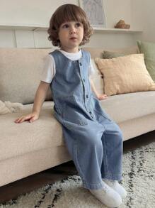 Hapijoa 男童单排扣口袋休闲宽松牛仔背带裤