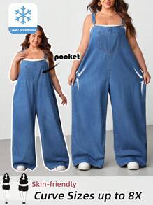 SHEIN CURVE+ Plus Size Blue Denim Jumpsuit Loose Overalls Comfortable And Breathable Lightweight Denim Summer Casual Outfits, Curve Plus, Boho Vacation - Medium Wash - View 1