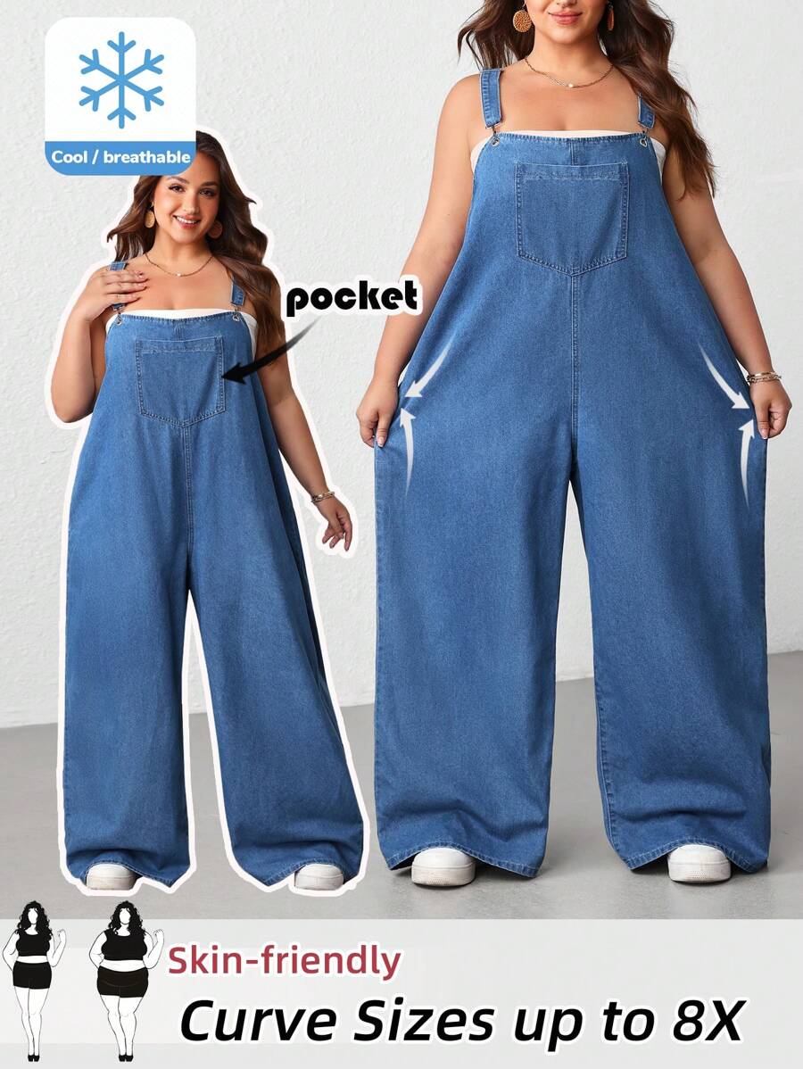 SHEIN CURVE+ Plus Size Blue Denim Jumpsuit Loose Overalls Comfortable And Breathable Lightweight Denim Summer Casual Outfits, Curve Plus, Boho Vacation - Medium Wash - View 1