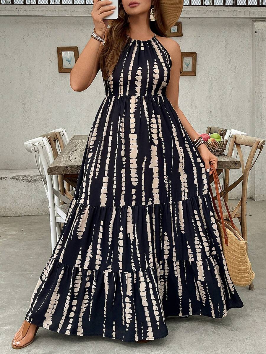 SHEIN VCAY Plus Size Women Black Tie Dye Long Dress,Backless Waist Tied A-Line Hem Summer Boho Flowy Sundress,Vacation Holiday Music Festival Beach Outfits - Black - View 1
