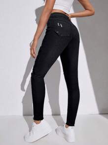 SHEIN Black Ripped Skinny Denim Jeans For Teen Girls, Featuring A High-Waisted Design, Zipper Fly, And Stylish Distressed Details Perfect For Streetwear. - Black - View 2