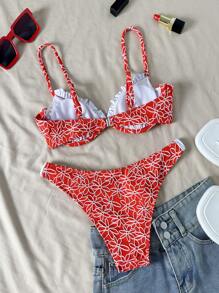 Swim Vcay Springbreak 花卉纹理面料钢圈女式泳装套装，海滩度假比基尼两件套三角褶皱泳装，甜美休闲泳池派对女式泳装 - 紅色 - 查看 3