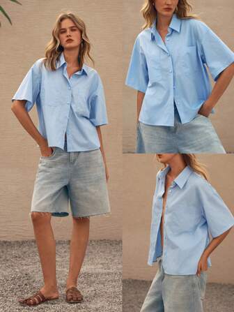 Lumivelle Modische blaue Bluse mit Kurzarm, einfacher Tasche und Klapkragen für Frauen