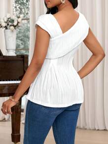 SHEIN Lady Camiseta feminina de cor sólida com babados e decote assimétrico - Branco - Ver 2