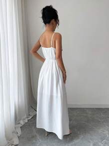 Elenzga Women's Boho Chic Summer Beach Vacation Sleeveless Dress, White Woven Fabric With Contrast Color Embroidery, Tie Waist And Side Slit Design - White - View 2