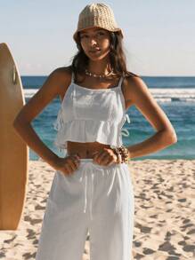 Easelle 2 pezzi/Set Donna Canotta senza schienale annodata e pantaloni lunghi tinta unita, Outfit casual vacanza Ibiza