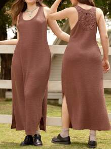 LanaWest Plus Size Knit Solid Color Fitted Round Neck Casual Resort Splice Lace Back Elegant Comfortable Elastic Dress - Brown - View 4