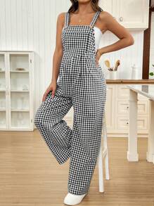 SHEIN Gasaul Vacation Plaid Wide Leg Maternity Bib Jumpsuit