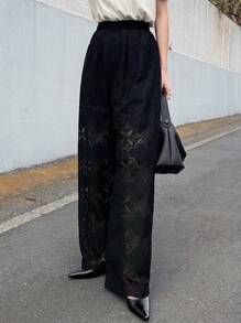 FRIFUL 女士蕾丝休闲直筒裤，透视镂空款式，夏季 - 黑色 - 查看 2