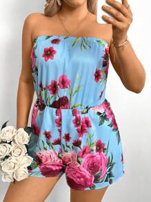 SHEIN VCAY Plus Size Strapless Jumpsuit, Fashionable Summer Romper Wedding Guest Dress Women USA 4th Of July Outfits Island Vacation Outfits Honeymoon Outfits Woman Summer Beach Outfits For Woman Vacation Outfits Woman Western Wear Women Country Concert Outfit Boho Women's Clothing Rave Outfits Festival Graduation Outfit Country Festival Outfits Tropical - Multicolor - View 1