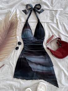 SHEIN Tall CURVE Sexy, vintage Farbverlauf-Halfter-V-Ausschnitt-Schnürkleid mit Mesh-Raffung und asymmetrischem Saum, romantisches Urlaubskleid für Damen im Sommer