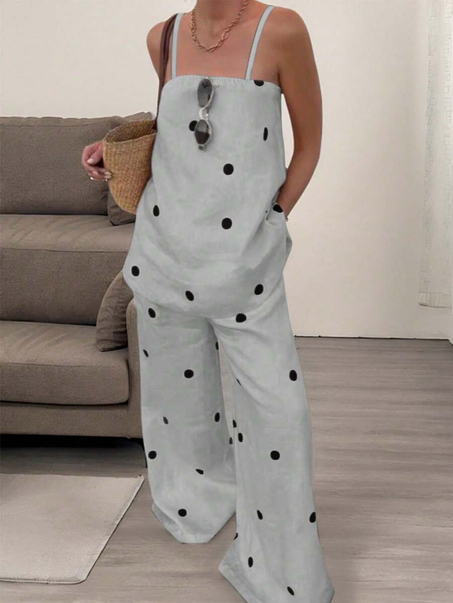 INAWLY 2件套女士简约波尔卡圆点套装，春夏