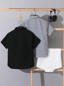 SHEIN 3 件套青少年男童宽松休闲纽扣领短袖衬衫套装，适合上学、聚会、派对、旅行 - 黑色 - 查看 3