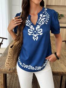 SHEIN LUNE Blusa de mujer casual de manga corta con escote en forma de ojo de cerradura y estampado gráfico, para el verano