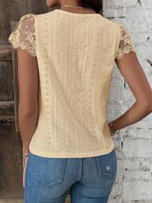 SHEIN Frenchy Women's Lace Patchwork Short Sleeve Textured Fabric Summer T-Shirt Brown Casual - Khaki - View 3