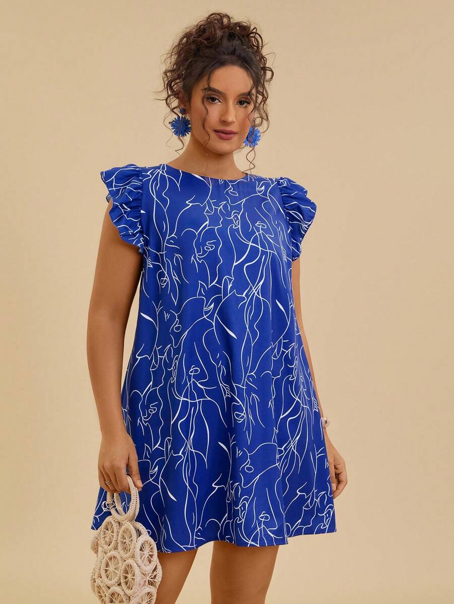 Travachic Váy mini thường ngày in hoa Boho cỡ lớn có tay bồng bềnh, dành cho mùa hè - Xanh đậm - Xem 1